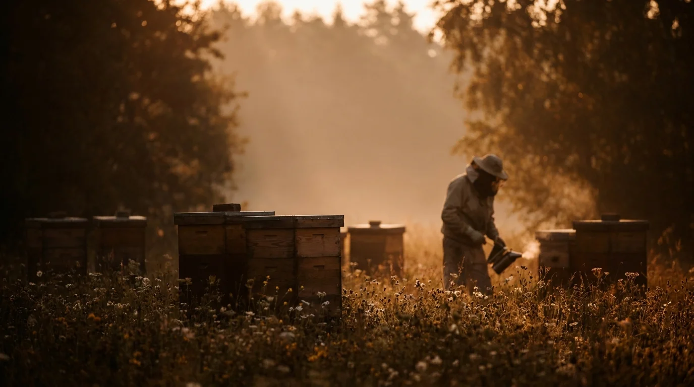 A beekeeper working a row of hives in low evening light